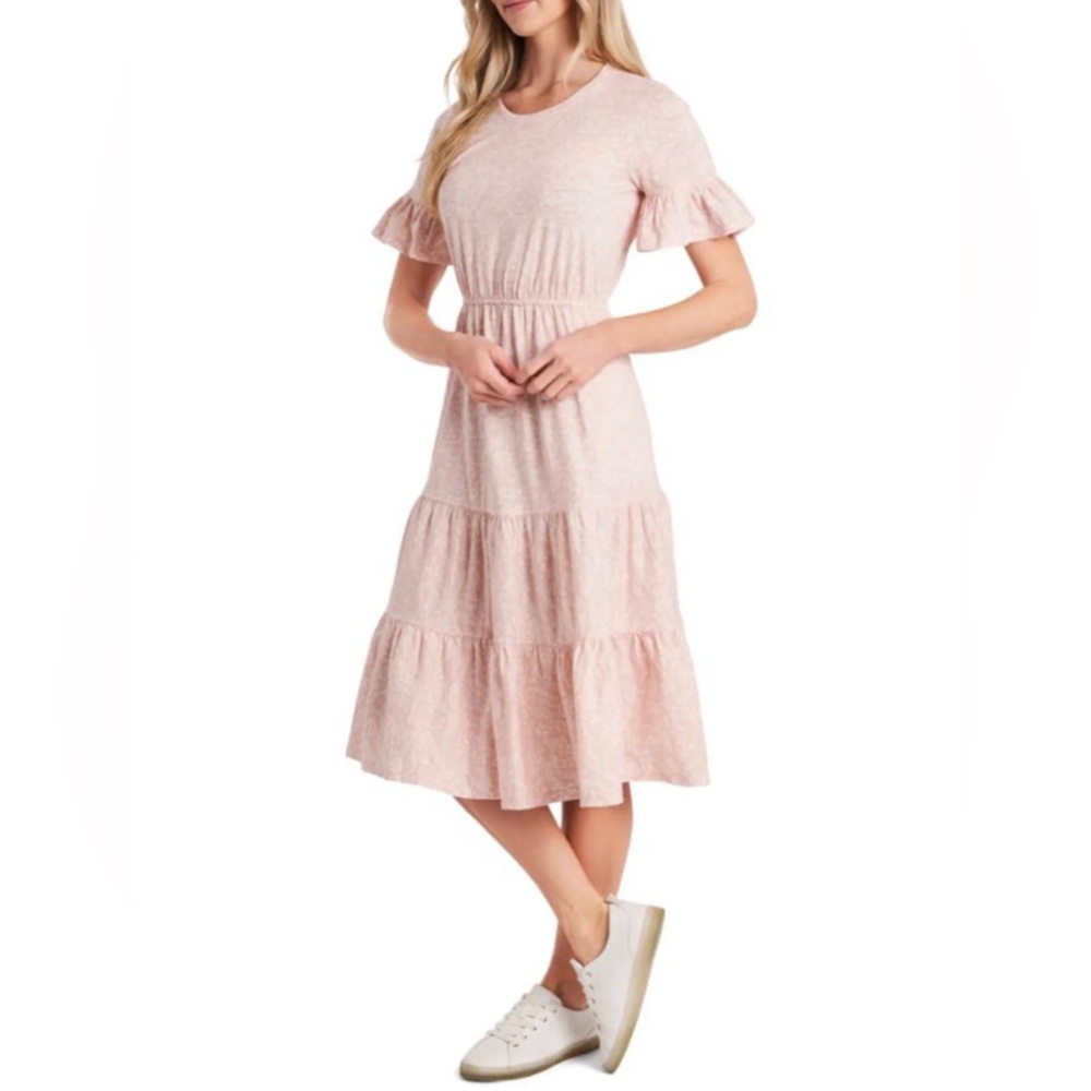 CECE Pink White Floral Tiered Short Sleeve Cotton Midi Dress Size L Kitten Pink